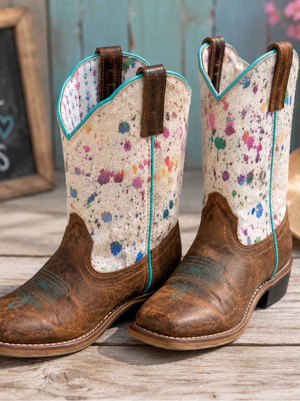 Dan Post Boots Girls 6D 8" Cowhide Rainbow Paint Cowgirl Boot Turquoise Trim